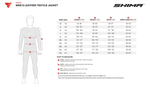 Storlekstabell för Shima Textil Mc-Jacka Rush 2.0 Vented Svart med mått för olika storlekar från S till 6XL. Hjälper till att välja rätt passform.