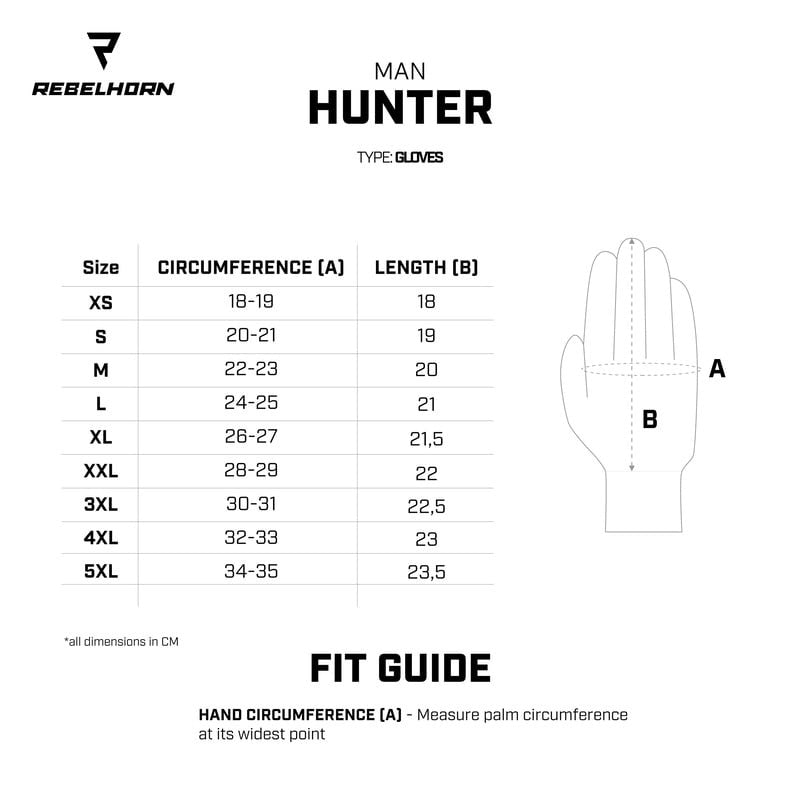 Storleksguide för Rebelhorn Mc-Handskar Hunter Svart med handomkrets och längd i cm. Hjälper dig att hitta rätt passform för optimal komfort.