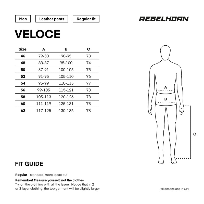 Storleksguide för Rebelhorn Mc-Skinnbyxor Veloce Svart med mått i centimeter och passformstips.