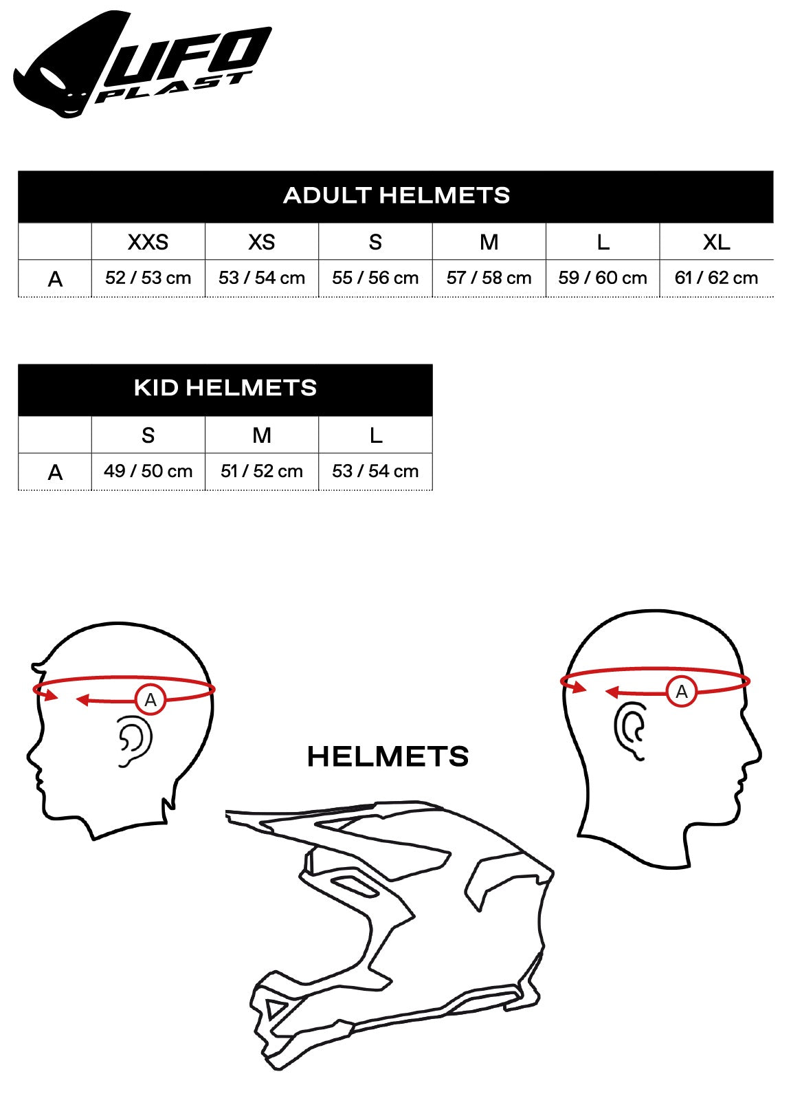 Storleksguide för UFO Jet Mc-Hjälm Sheratan Vit/Svart, med mått för vuxna och barn samt illustration av hjälm och huvudmätning.