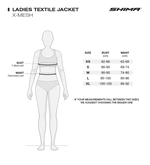 Storlekstabell för Shima Dam Textil Mc-Jacka X-Mesh 2.0 Svart, med mått för XS, S, M och L. Inkluderar bröst-, midje- och höftmått.