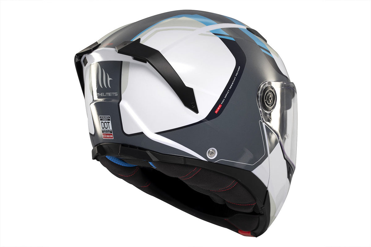 Sidan av MT Helmets öppningsbar mc-hjälm Atom 2 SV Emalla C17 med integrerat visir och justerbara funktioner.