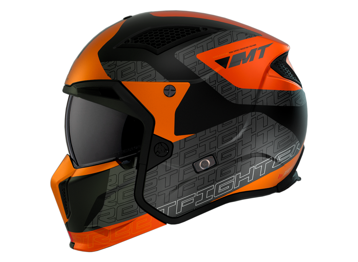 Sidovy av MT Helmets öppen MC-hjälm Streetfighter SV S Totem B4 i orange och svart, med aerodynamisk form och stilren grafik.