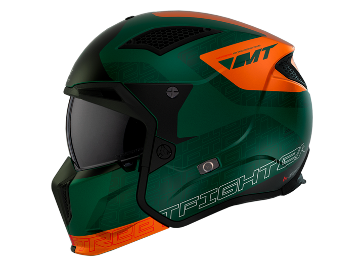 Sidovy av MT Helmets öppen mc-hjälm Streetfighter SV S Totem C6 i grönt och orange, med ventilationssystem och sportig stil.